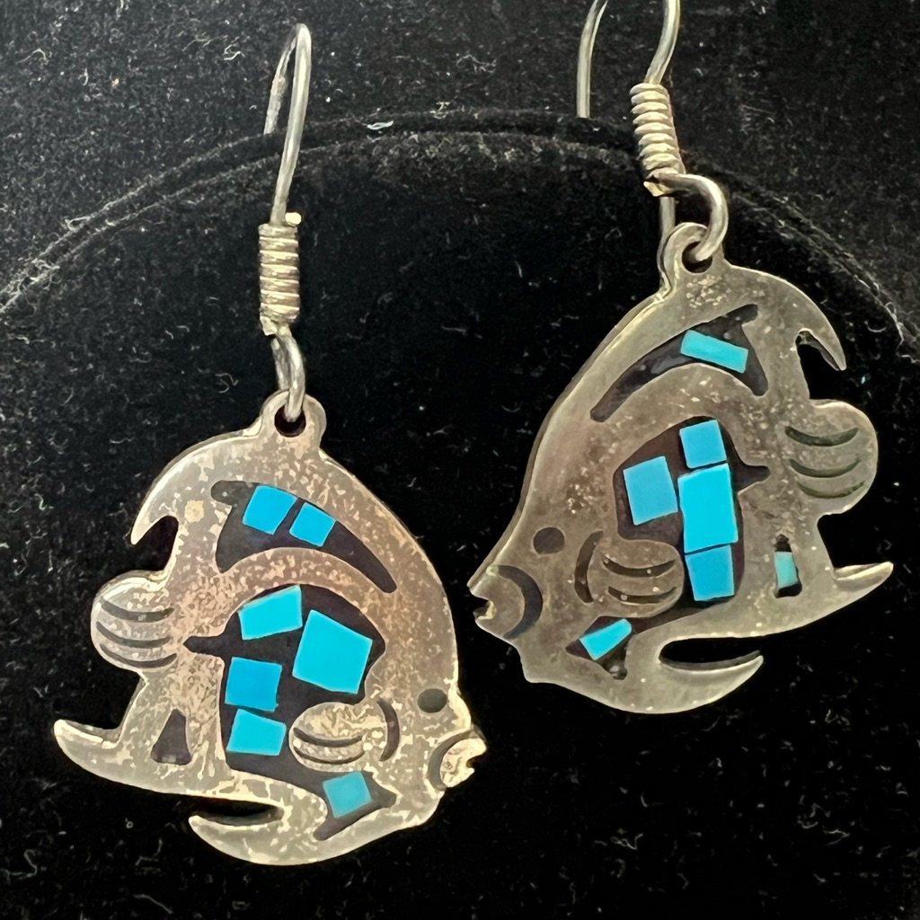 Vintage Navajo Sterling Silver Inlaid Turquoise Fish Dangle Earrings 14$